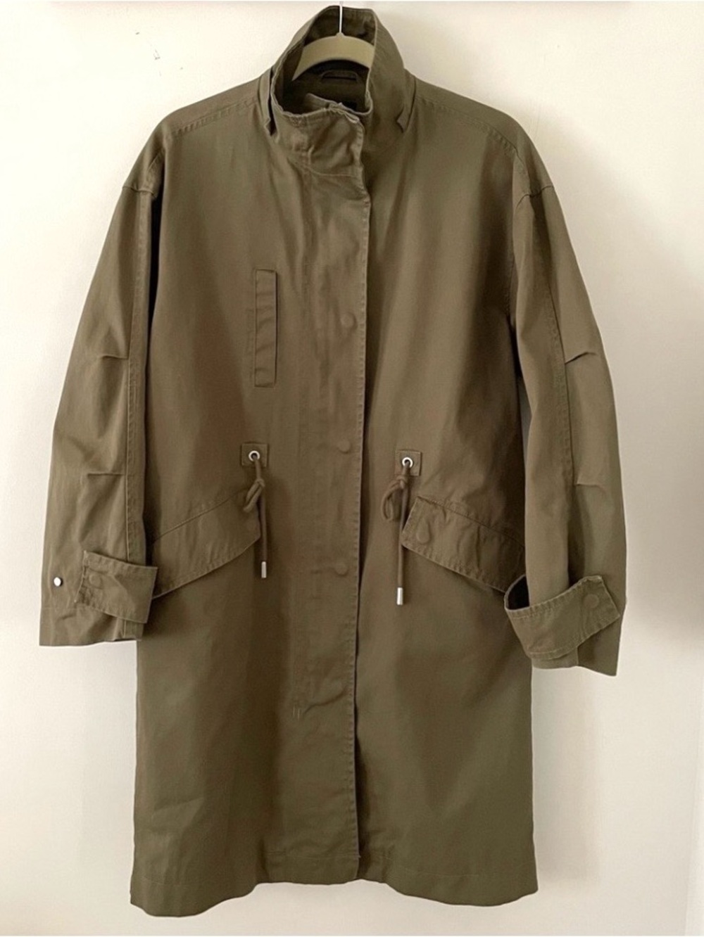 Zara Trench Coat Removable Hood Cotton Parka Size Small Army Green Oversized